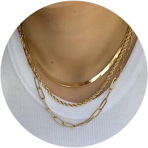 14K Gold Plated 3layered Rope Paperclip Herringbone Necklace